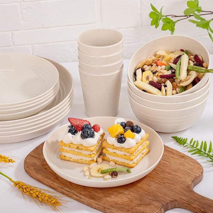 LIYH 16 Pcs Beige Wheat Straw Dinnerware Sets - Unbreakable Dinner Cream Plates,for 4 Plates and Bowls Set, Plastic Dinnerware Set Wheat Straw Bowls Cups Dish for 4 for Kitchen & Camping