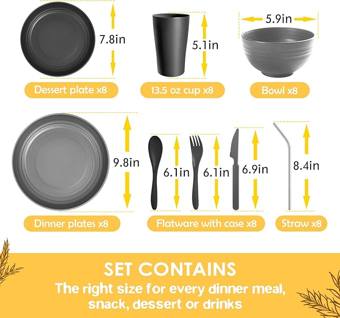 Teivio 32-Piece With Flatware Kitchen Plastic Wheat Straw Dinnerware Set, Service for 8, Dinner Plates, Dessert Plate, Cereal Bowls, Cups, Unbreakable Plastic Outdoor Camping Dishes, Gray Ombre