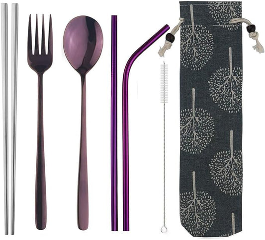 304 Stainless Steel Flatware Set Reusable Utensils Set with Straws Portable Travel for Camping Hiking,Dishwasher Safe,Set of 7, Mirror Purple