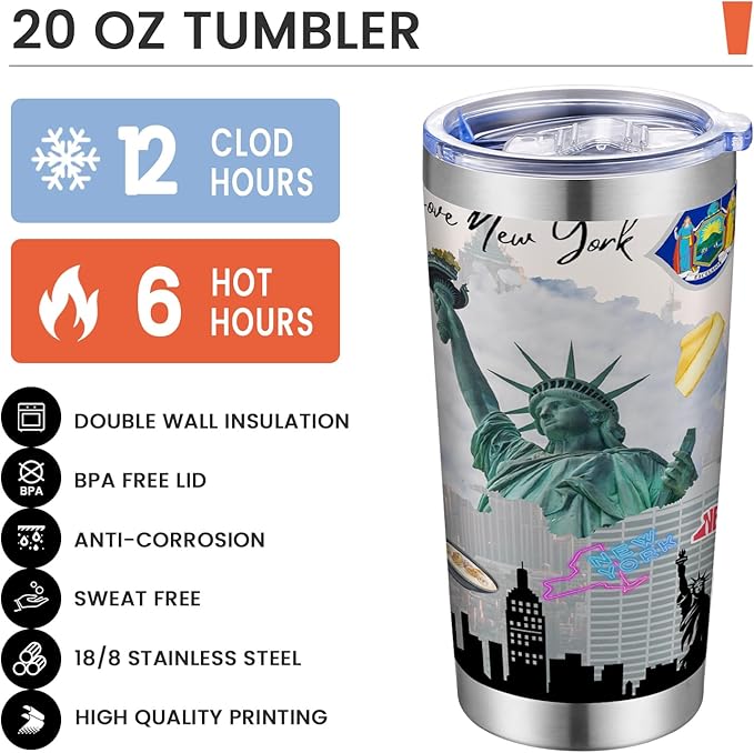20oz Insulated Tumbler New York State Coffee Mug, United States Map Travel Mug Landmark, Birthday Gifts Cute Custom Tumbler Cups with Lid and Straw Gifts for Mom