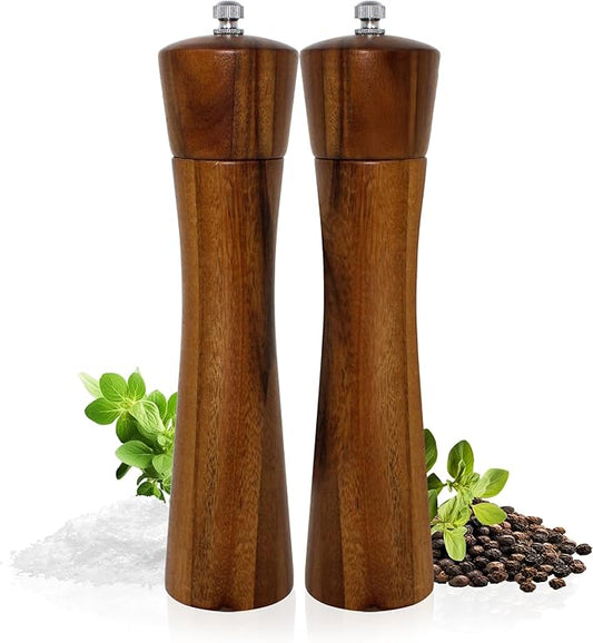 Acacia Wood Pepper and Salt Mill Grinder Set with Adjustable Ceramic Mechanism for Fine, Medium and Coarse Grinding (2 Pack)