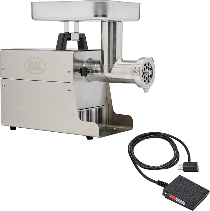 LEM Products BigBite #12 Meat Grinder and Grinder Foot Switch Bundle, 0.75 HP Stainless Steel Electric Meat Grinder Machine, Ideal for Frequent Use