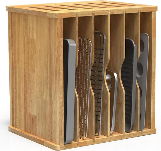 7 Tier Rubber Wood Tray Dividers for Cabinets, Heavy Weight Kitchen Vertical Tray Divider Organizer, Storing pans, Baking trays, Cutting Board(16.7" W x 16.1" H x 12.4" D)