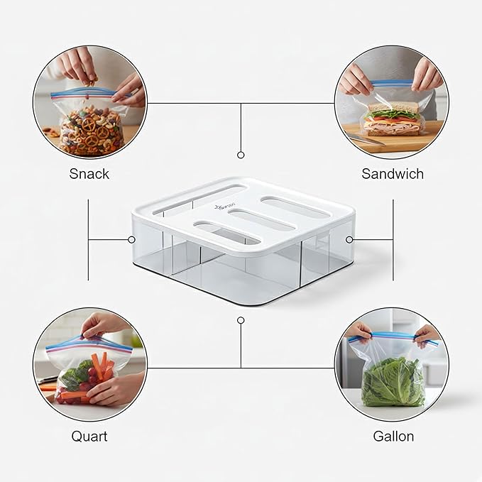 Food Storage Bag Organizer, Plastic Baggie Holder, 4 in 1 Plastic Bag Organizer for Gallon, Quart, Snack & Sandwich, Kitchen Drawer Organizer & Wall Mount Ziplock Bag Holder, White/clear