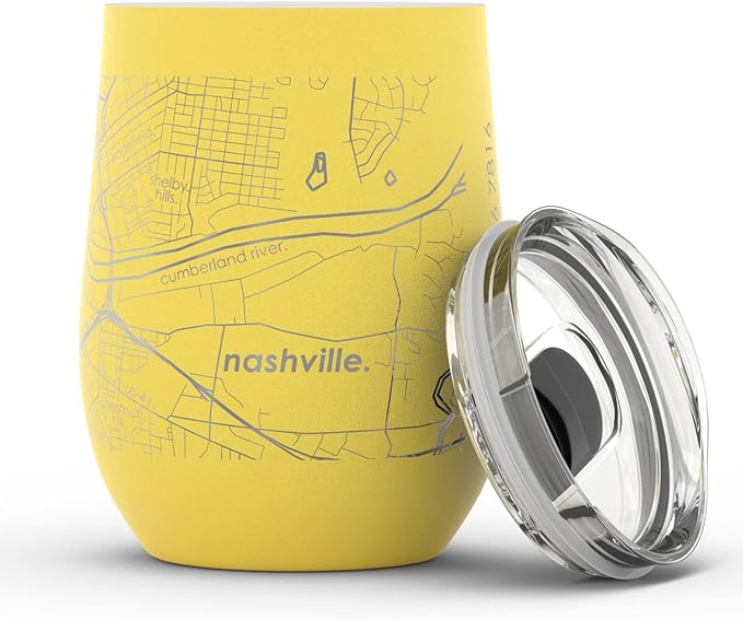 Well Told Engraved Nashville Tennessee Map Insulated Wine Tumbler, Etched Stainless Steel Cup (12 oz, Sunrise Yellow) City Map Insulated Tumbler, Custom Insulated Tumbler, Outdoor Drinkware