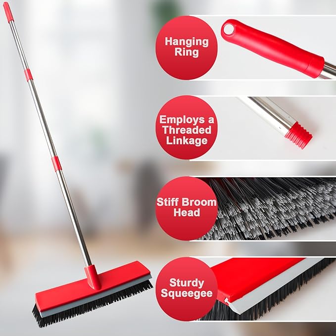 15.7 Inch Floor Scrub Brush Removable Stainless Steel Handle 2 in 1 Scrape Brush Stiff Bristle Shower Scrubber for Cleaning Patio Bathroom Garage Kitchen Wall Deck Tub Tile 52.4 inch Tall