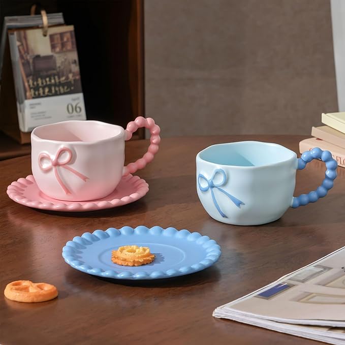 Bow Coffee Mug Blue Coquette Coffee Mugs Set with Saucer 12 OZ Porcelain Tea Cup Bow Cute Mug for Women Girl
