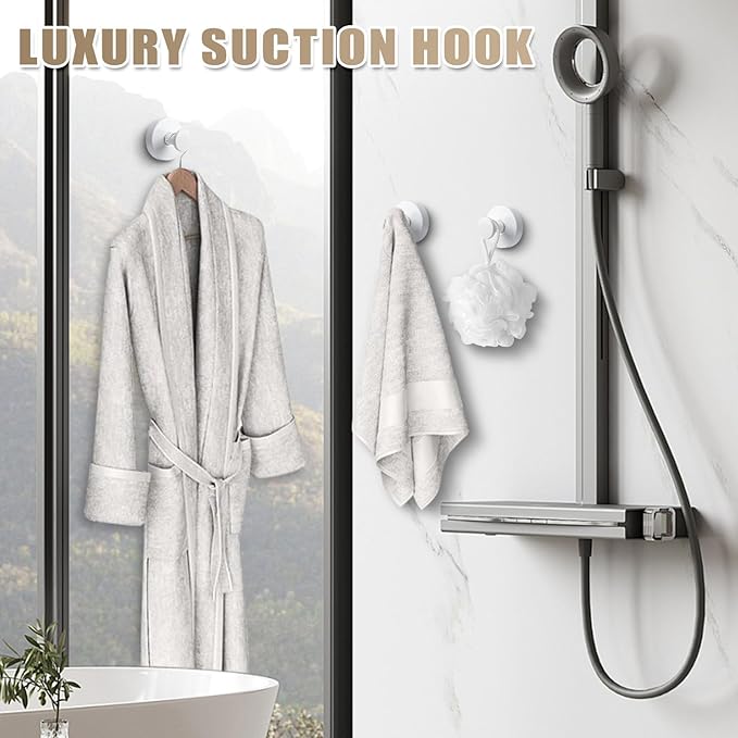 Suction Cup Hooks for Shower No-Drill Bathroom Hooks for Towels, Robes, Loofah Mountable on Bathroom Walls, Kitchen, Glass, Mirrors, Tile and Smooth,Non-Porous Surfaces (2, White)