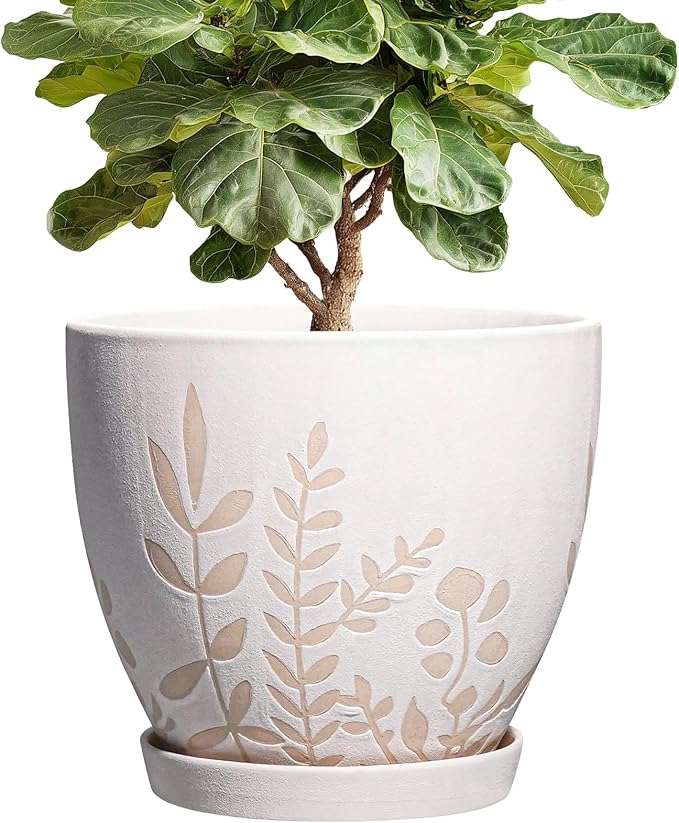 10 Inch Indoor Planter with Saucer - Boho Ceramic Plant Pot with Drainage for Indoor Plants, Large Flower Pot, Home Office Garden Room Decor, Plant Lovers Gifts, White