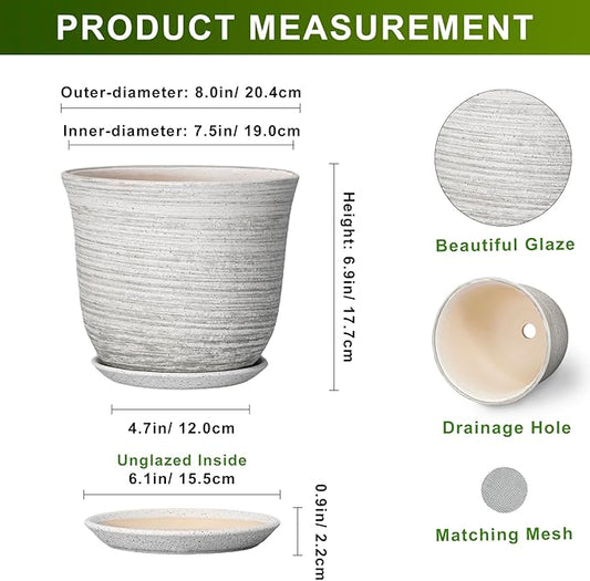 Ceramic Plant Pots - 8 Inch Plant Pot with Drainage Hole and Saucer, Round Flower Pots for Indoor Outdoor, Modern Planter, Decorative Planters, Home Apartment Decor, Gardening Gifts, Grey