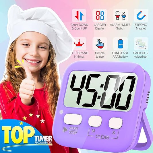 Antonki 2 Pack Digital Timer for Kids, Magnetic Countdown Kitchen Timers for Cooking, Egg, Classroom, Teacher, Exercise, Study, Oven - Battery Included
