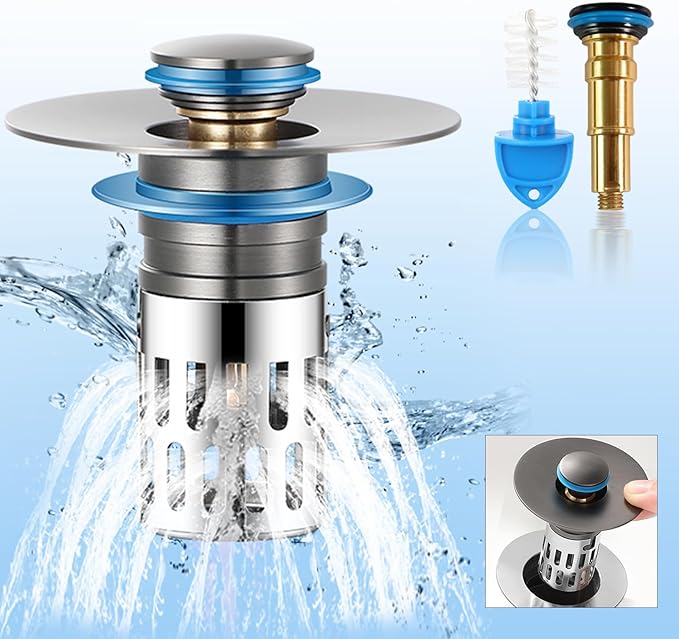Universal Bathroom Sink Stopper Replacement,Pop Up Sink Drain Strainer Hair Catcher,Silent Copper Popper Core/Cover,Stainless Steel Filter Basket Fit 1.05~2.0'' (Silver Polished, 2 Pack)