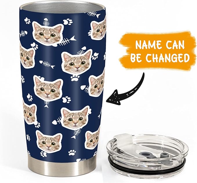 FunStudio Personalized Cat Face Tumbler with Pictures Kitty Pet Paw Custom Tumblers Coffee Travel Mug Cup Gift for Men Women, 20 Oz Insulated Stainless Steel