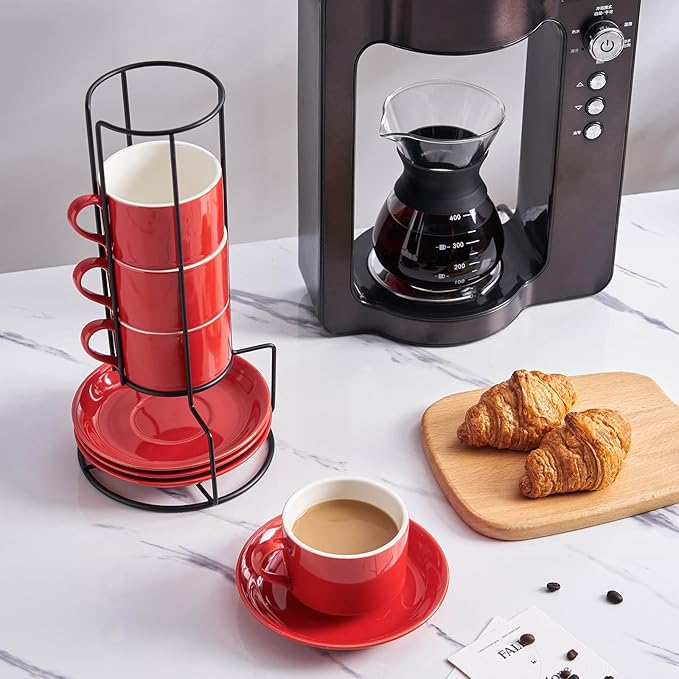 YOLIFE 8oz Porcelain Stackable Cappuccino Cups with Saucers and Metal Stand Set of 4, Coffee cups for Espresso, Specialty Coffee Drinks, Latte, Americano and Tea - Red