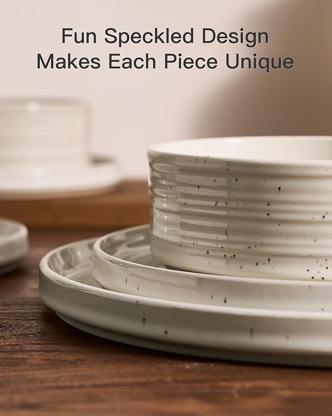 Stoneware Dinnerware Sets, Dish Set for 6, 18 Pieces Spiral Dishware Set with Straight Rim, Speckles & Reactive Glaze - Microwave and Dishwasher Safe Tableware, Shell Beige