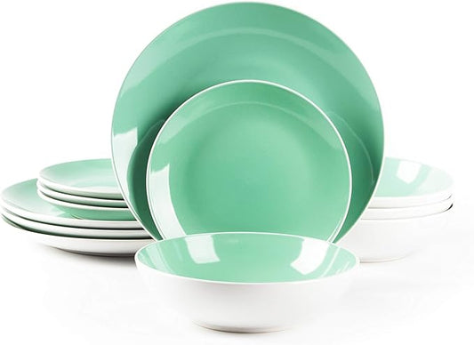 Stoneware Coupe Shape 12pc Dinnerware Set, Outside White + Inside Teal