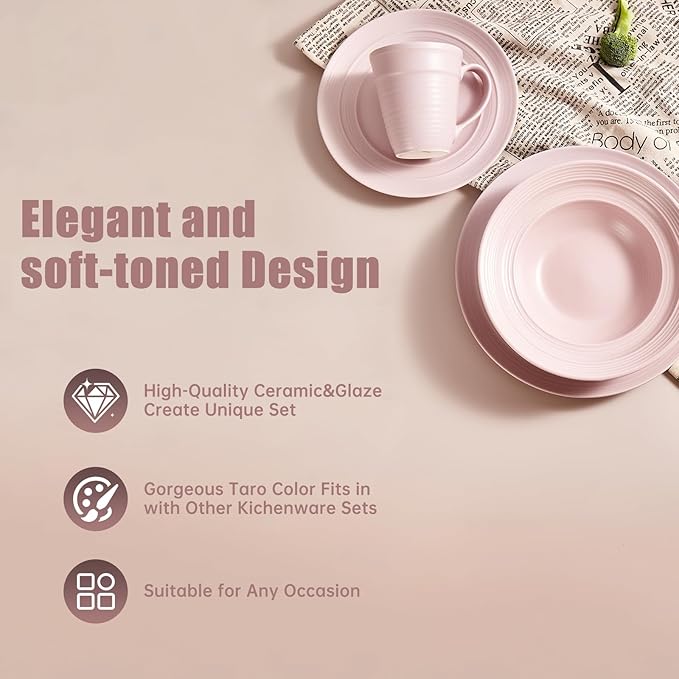 Modern Ceramic Dinnerware Set, 4-Piece, Mug, Bowl and Dinner Plates (Mauve)