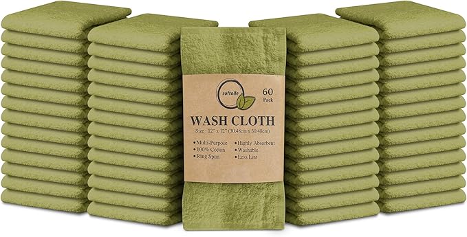 Softolle 100% Cotton Washcloths 60 Pack (12x12 Inches) Soft, Highly Absorbent Washcloth, Face Towels, Wash Cloths for Face, Ring Spun, Bulk Pack (Sage Green)