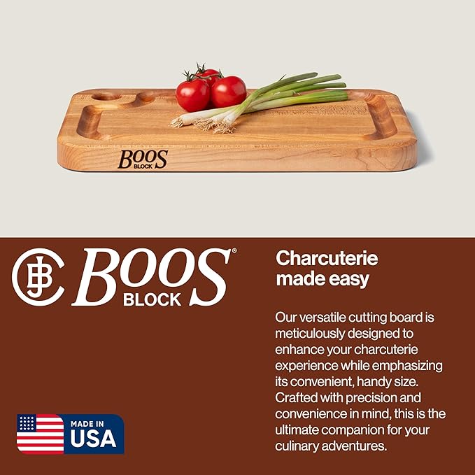 John Boos Prestige Series Rectangular Wooden Maple Cutting Board 16”x10” – 1.25” Thick, 6-lb Reversible Butcher Block with Juice Groove, Edge-Grain & Finger Grip Hole – Made in the USA