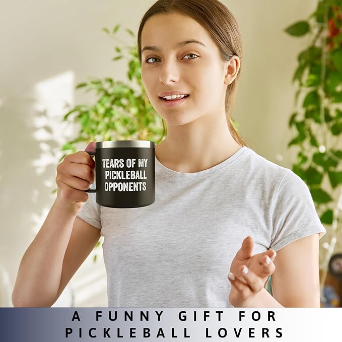 Pickleball Gifts for Women - Gifts for Pickleball Lovers, Women, Mom, Grandma, Girlfriend, Wife, Her - Tears of My Opponents Gift - 14 Oz Black Stainless Steel Coffee Mug with Lid