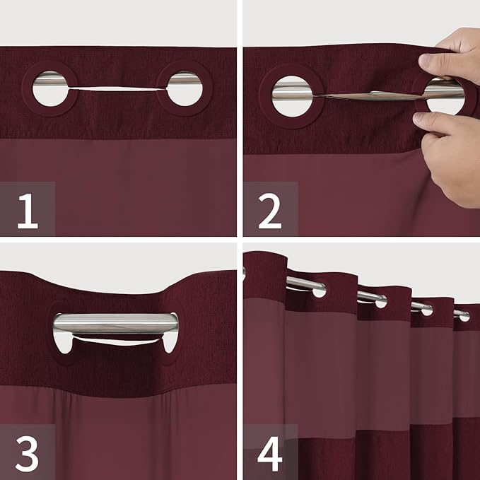 No Hooks Needed Linen Textured Shower Curtain with Snap-in Fabric Liner Set,Hotel Luxury Decor Shower Curtains for Bathroom with Mesh Top Window,Waterproof & Washable,71Wx74H,Burgundy