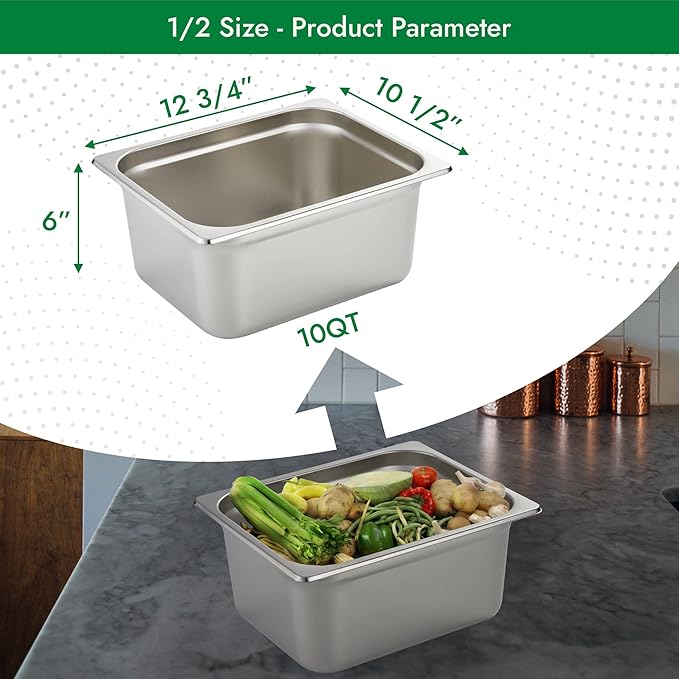 HECMAC 6 Pack Anti-Jam Hotel Pans, 1/2 Size 6 Inch Deep, Heavy Duty, Commercial Stainless Steel Chafing Steam Table Pan, Catering Storage Metal Food Pan, 23 Gauge