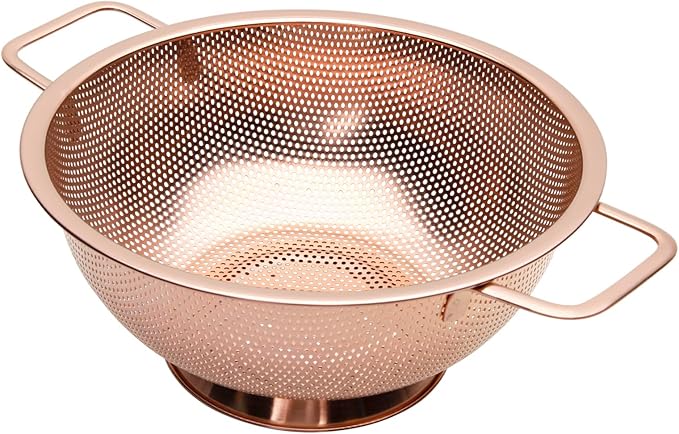 Colander 3-Quart with Handle, Food Metal Strainer for Kitchen Sink, Pasta Pot for Noodles Vegetables and Fruits, Stainless Steel, Rose Gold