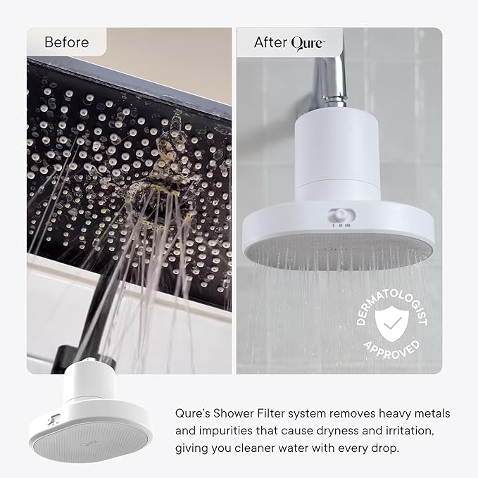 Qure Shower Filter Head for Hard Water, healthier Hair, Skin & Nails, Reduces 99% Chlorine, High Pressure Showerhead, Improve your Beauty and Skincare Routine, Dermatologist-approved - White