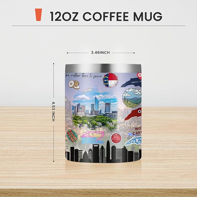 12oz Coffee Mug North Carolina State Insulated Coffee Cups, United States Map Travel Mug Landmark, Birthday Gifts Cute Mugs with Lid and Straw Gifts for Mom