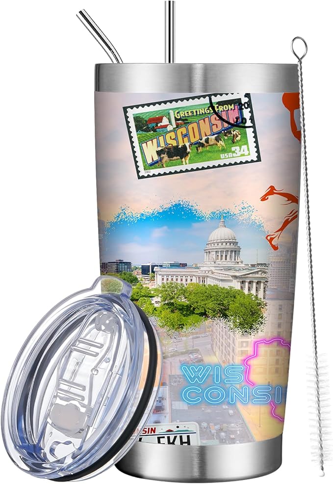 20oz Insulated Tumbler Wisconsin State Coffee Mug, United States Map Travel Mug Landmark, Birthday Gifts Cute Custom Tumbler Cups with Lid and Straw Gifts for Mom