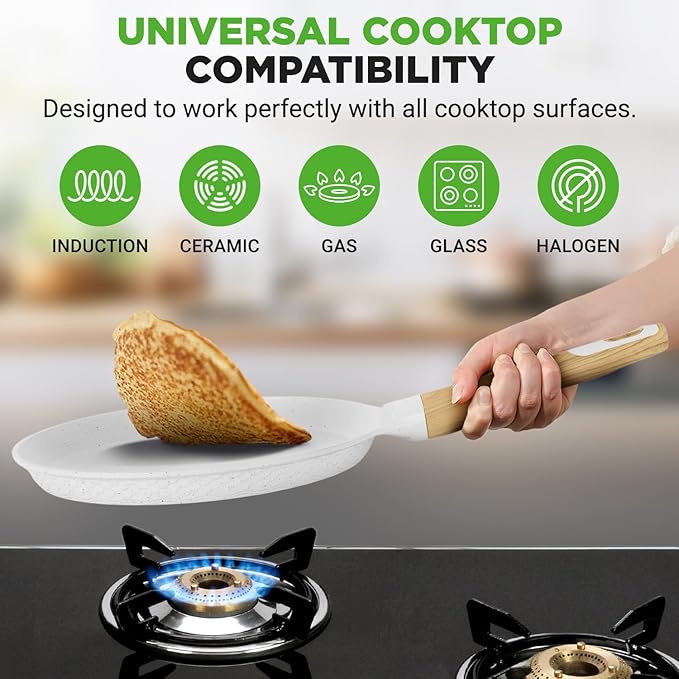 Nutrichef 2-Pack Non-Stick Crepe Pan Set – 11” Marble Coated Dosa Pans with Wooden Spreaders, Bakelite and Wood Handles, Induction-Compatible, Easy-to-Clean, Stain-Resistant, White Cream Marble