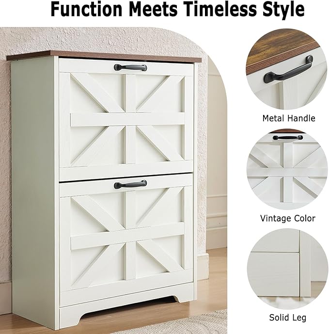 Shoe Storage Cabinet with Bench, Farmhouse Shoe Organizer with Barn Door Design, Space-Saving Hidden Narrow Shoe Rack Cabinet for Entryway, Hallway & Foyer，White