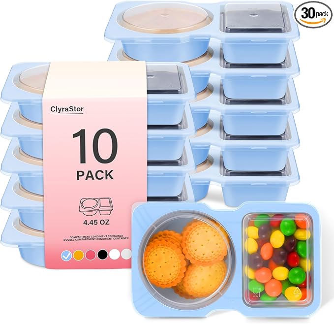 Double Compartment Snack Containers with Lids, 2 Compartment Condiment Container, Plastic Disposable Snack Pack Containers for Sauce, Salad, Food Storage Box (30, Blue, Small)