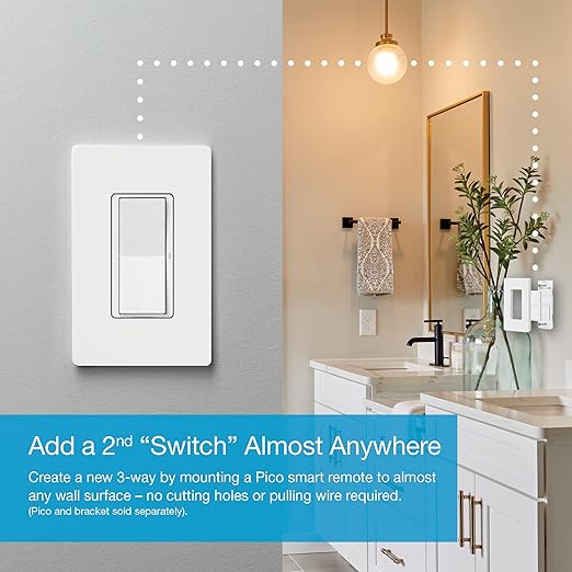Lutron Claro Smart Light Switch w/ Wall Plate for Caseta Lighting, for LED Lights, Fans, 5 Amp, Single-Pole/3-Way, Neutral Required, DVRFW-5NS-WH-A, White
