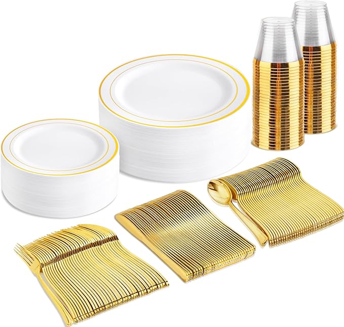 bUCLA 150PCS Gold Plastic Dinnerware Set Disposable - Heavy Duty Gold Plates Include 25 Dinner & 25 Dessert Plates,25 Forks,25 Knives,25 Spoons&25 Cups for Party&Wedding