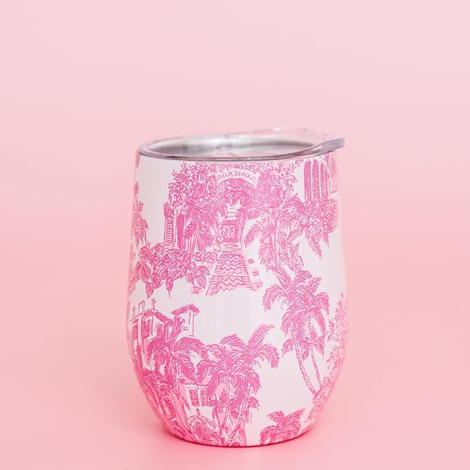 Lilly Pulitzer 12 Oz Insulated Tumbler with Lid, Yellow/Green Stainless Steel Travel Wine Glass, Double Wall Metal Cup (Palm Beach Toile)