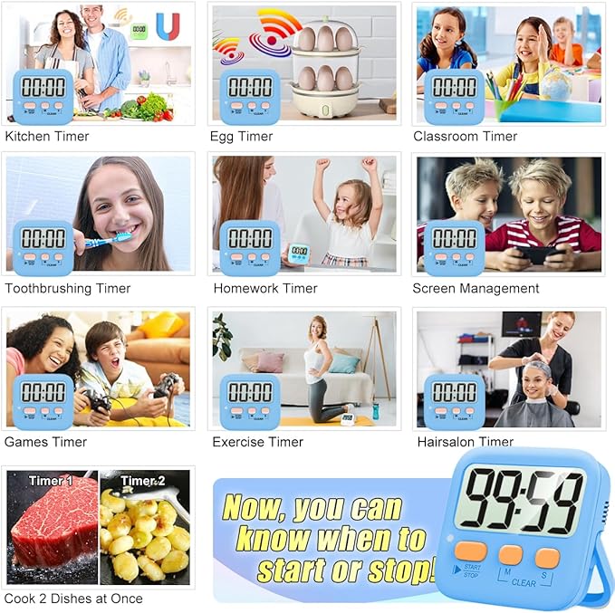 Antonki 2 Pack Digital Timer for Kids, Magnetic Countdown Kitchen Timers for Cooking, Egg, Classroom, Teacher, Exercise, Study, Oven - Battery Included