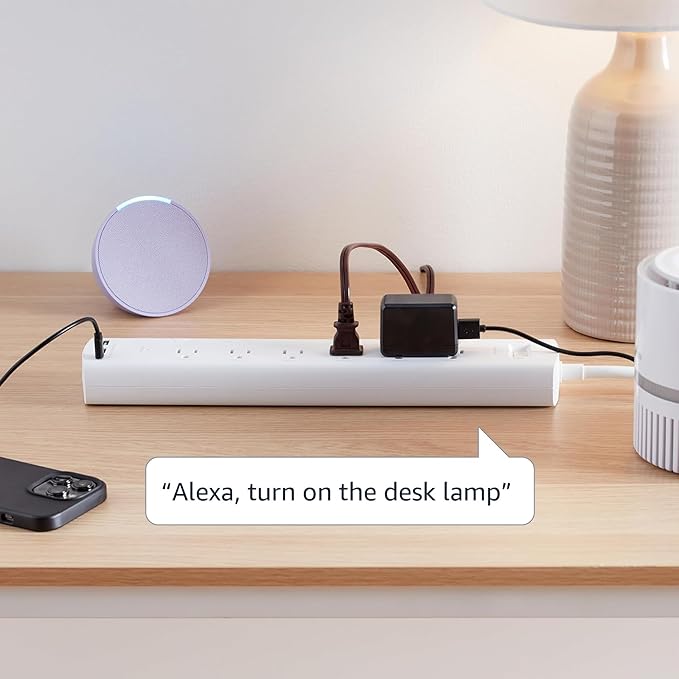 Amazon Basics Smart Plug Power Strip with 6 Individually Controlled Outlets and 3 USB Ports (2 USB-A and 1 USB-C), Works with Alexa Only, 2.4 GHz Wi-Fi, No Hub Required, White