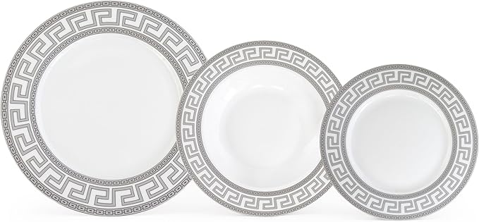 Porcelain 12 Piece Dinnerware Set - Service for 4 - Gorgeous Silver Greek Key Inspired Design - Includes Kitchen Plates, Ceramic Dishes Set for 4 (Meander Silver)