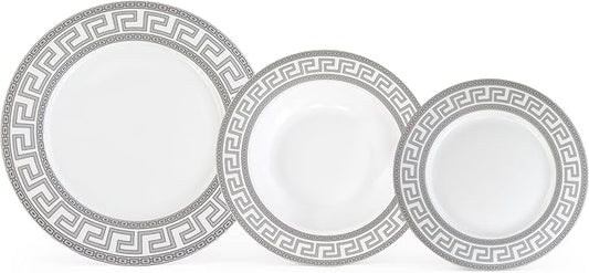 Porcelain 12 Piece Dinnerware Set - Service for 4 - Gorgeous Silver Greek Key Inspired Design - Includes Kitchen Plates, Ceramic Dishes Set for 4 (Meander Silver)
