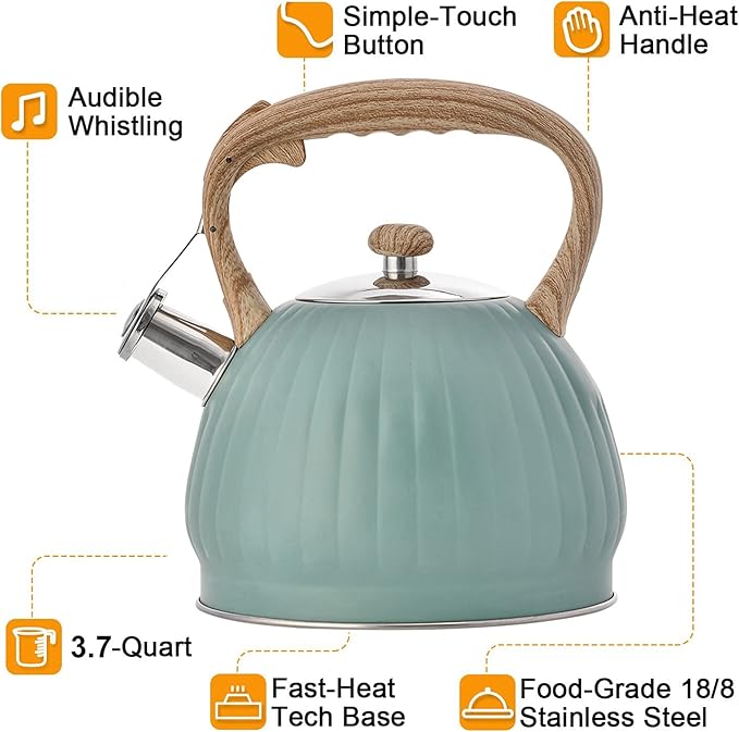 Vilihkc Whistling Stainless Steel Tea Kettle with Wood Grain Anti Heat Handle,3.7 Quart / 3.5 Liter Stainless Steel Tea Kettles,Loud Whistling for Tea,Coffee,Gas Electric Applicable