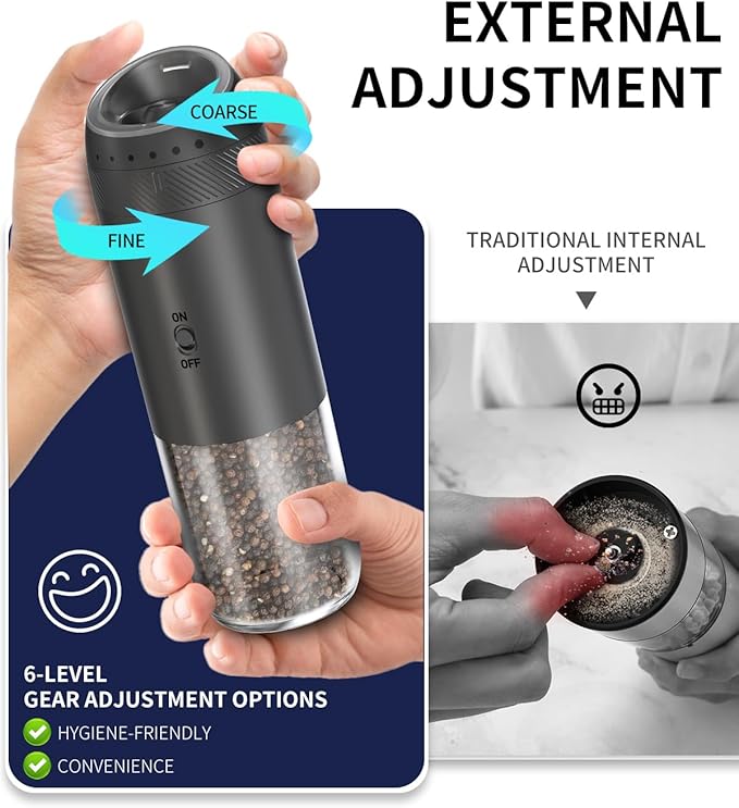 CIRCLE JOY Rechargeable Salt and Pepper Grinder Set, Gravity Sensor Electric Salt and Pepper Grinder Set with External Adjustment, 176ml Capacity and One-handed Operation, Black