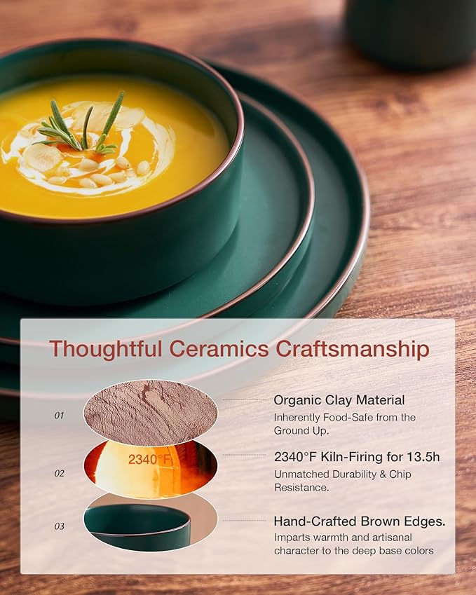 Famiware Nebula Ridge Stoneware Dinnerware Sets for 8, 24 Pieces Plates and Bowls Sets, Dishes Set, Microwave and Dishwasher Safe Kitchen Plates, Dark Green