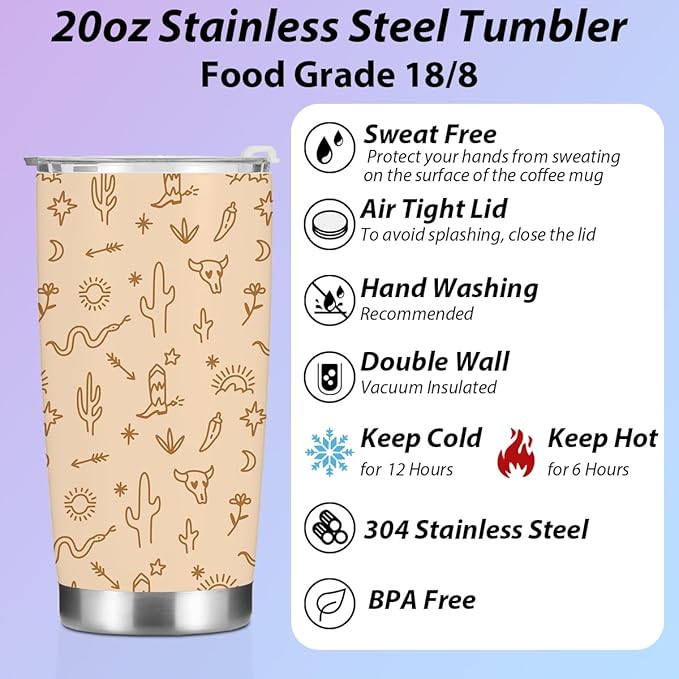 Birthday Christmas Decor Boho Western Coffee Tumbler, 20 oz Tumblers, Insulated Coffee Mug, Stainless Steel Thermal Cup Travel Coffee Cup, Cow Print Western Gifts for Women Men Coworker Appreciation