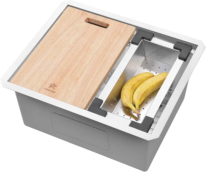 STARSTAR Workstation Ledge Undermount Single Bowl 304 Stainless Steel Kitchen Sink, With Grid, Colander, Cutting Board (23 x 19)