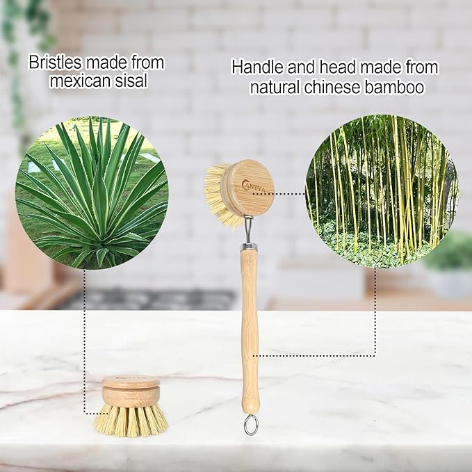 Bamboo Dish Brush with Handle 4 Replacement Heads, Eco Friendly Vegetable Scrubber, Compostable & Sustainable, Bamboo Dish Scrubber Brush for Cleaning Kitchen Utensils(Soft Bristles)