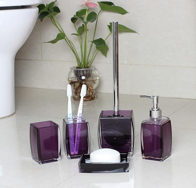 5 Pcs Purple Acrylic Bathroom Accessories Set Complete,Lotion/Soap Dispenser,Soap Dish,Toothbrush Holder, Tumbler,Toilet Brush and Holder,Modern Bathroom Decor and Housewarming Gift Set,Purple