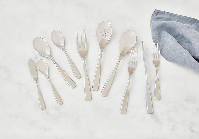 Nambé Anna Flatware Set by Lou Henry – 45-Piece, Stainless Steel Silverware for 8 with Serving Tools – Contemporary Tapered Handles & Flower Cutout Design, Easy to Maintain & Built for Everyday Use