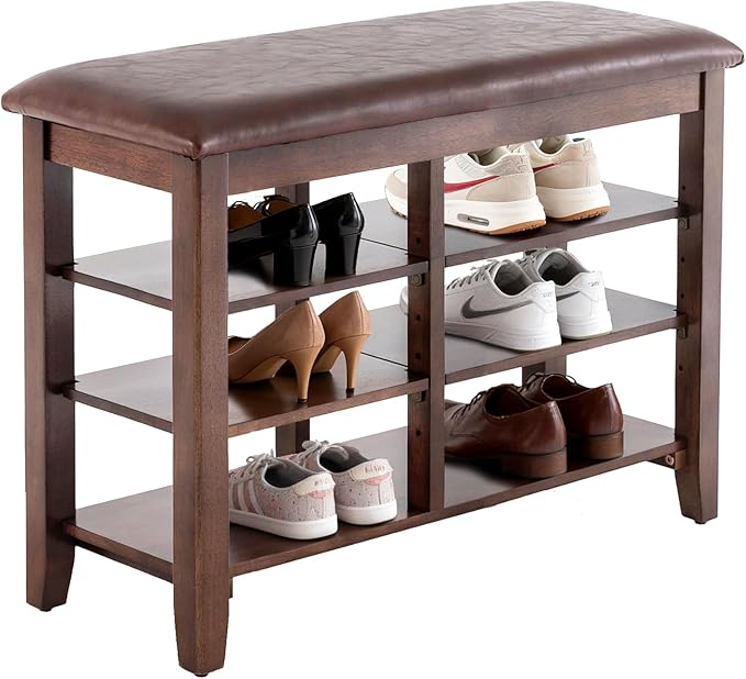 PY HOME & SPORTS Shoe Rack for Entryway 23.6": 3-Tier Shoe Storage Bench, Adjustable/Removable Shelves, Rubberwood Shoe Benches for Hallway, Porch, Bathroom, Brown
