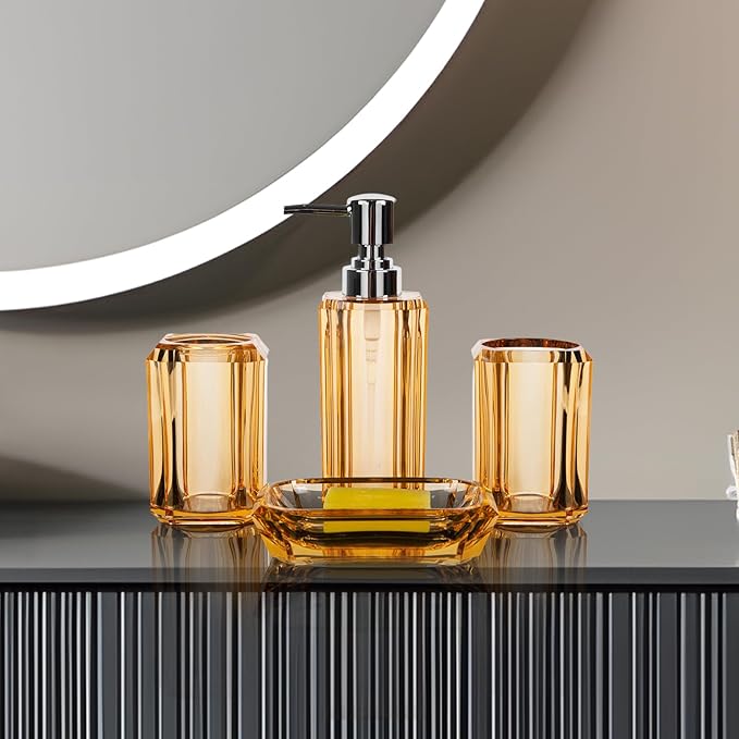 4 Piece Premium Acrylic Bathroom Accessory Set, Hand Sanitizer Bottle, Lotion Can Bathroom Suit, Separate Bottle Soap Box, Mouthwash Cup, Toothbrush Cup (Champagne Gold)